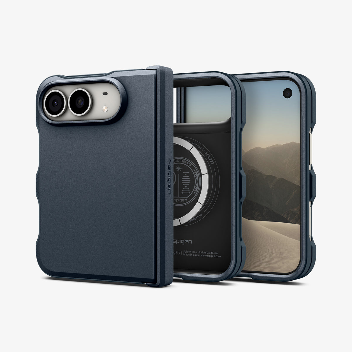 ACS11691 - iPhone Duo Tough Armor Pro (Mag Fit) in Metal Slate showing the case from front and back with a magnetic ring and full hinge coverage