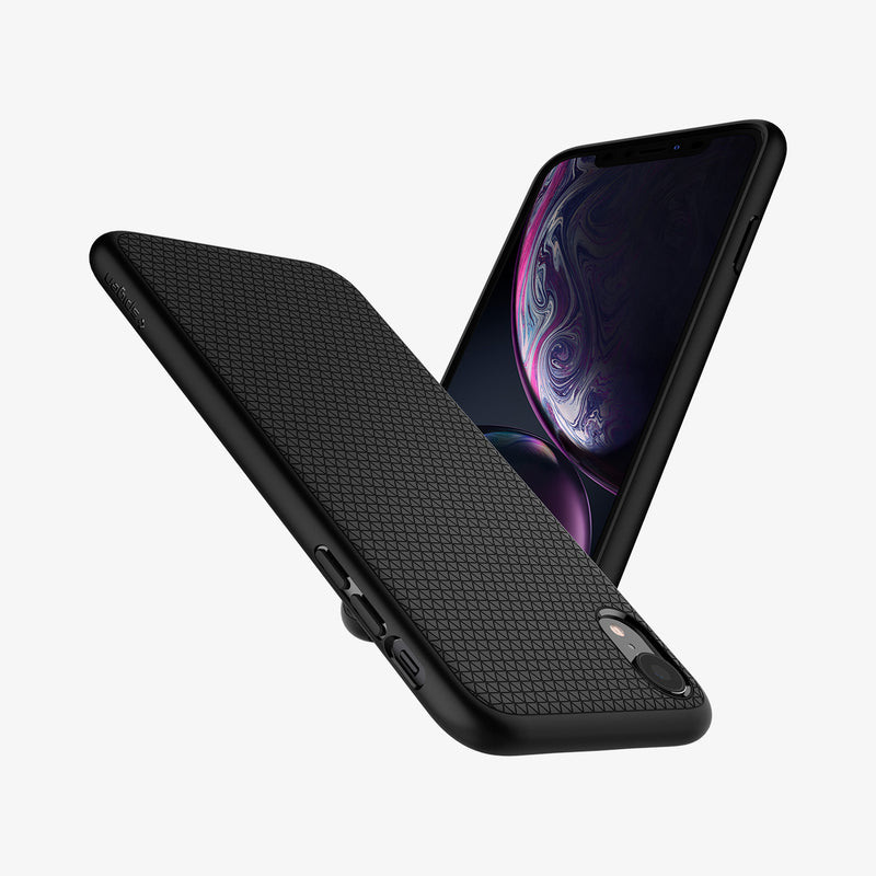 064CS24872 - iPhone XR Case Liquid Air in Black showing the back, partial side of an upside down beside it, showing front and side
