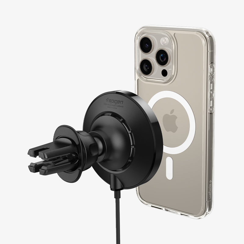 ACP07082 - OneTap Pro 3 CryoMax Air Vent Car Mount ITS12WC (MagFit) in Black showing the back of a device hovering in front of a car mount wireless charger showing its back