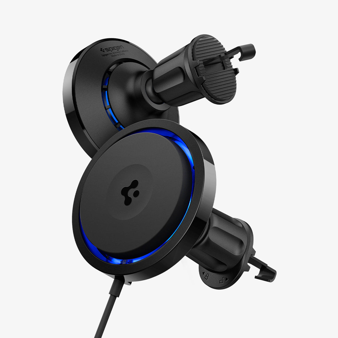 ACP07446 - OneTap Pro 3 CryoMax Hook Car Mount ITS13WC (MagFit) in Black showing the front of a device hovering in front of a car mount wireless charger