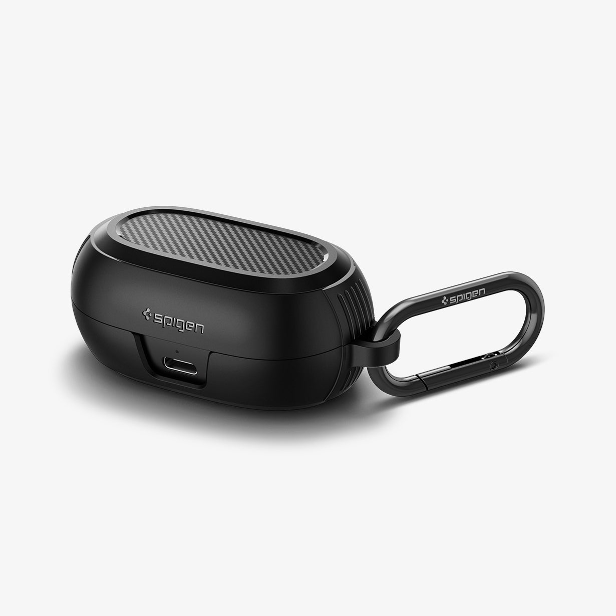 ACS04376 - Jabra Elite 7 Pro Case Rugged Armor in black showing the front, top and side with carabiner