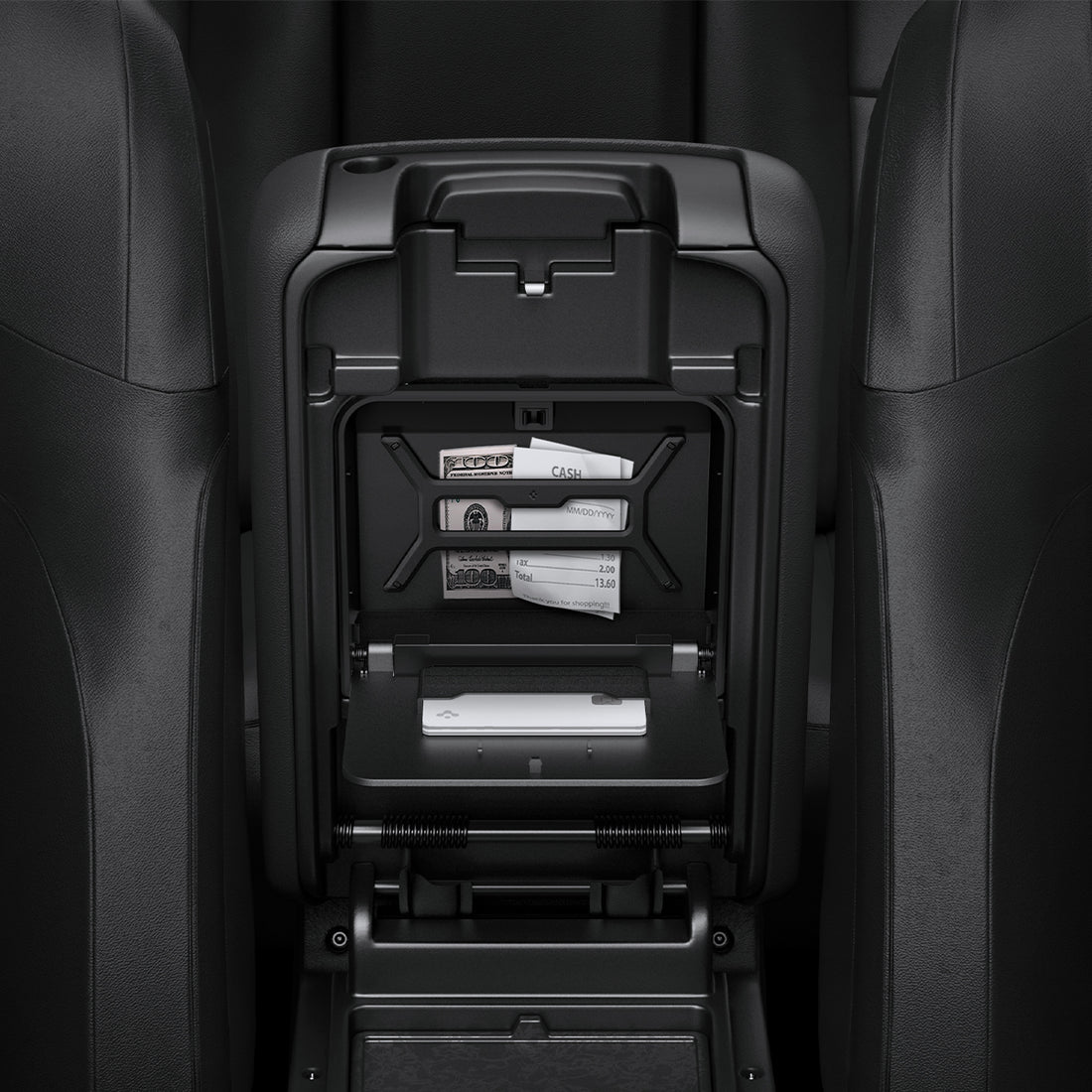 ACP09216 - Jeep Series -  Center Console Hidden Storage Box | JO221 showing inside.