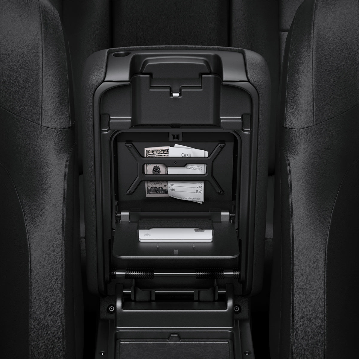 ACP09216 - Jeep Series -  Center Console Hidden Storage Box | JO221 showing inside with cash storage.