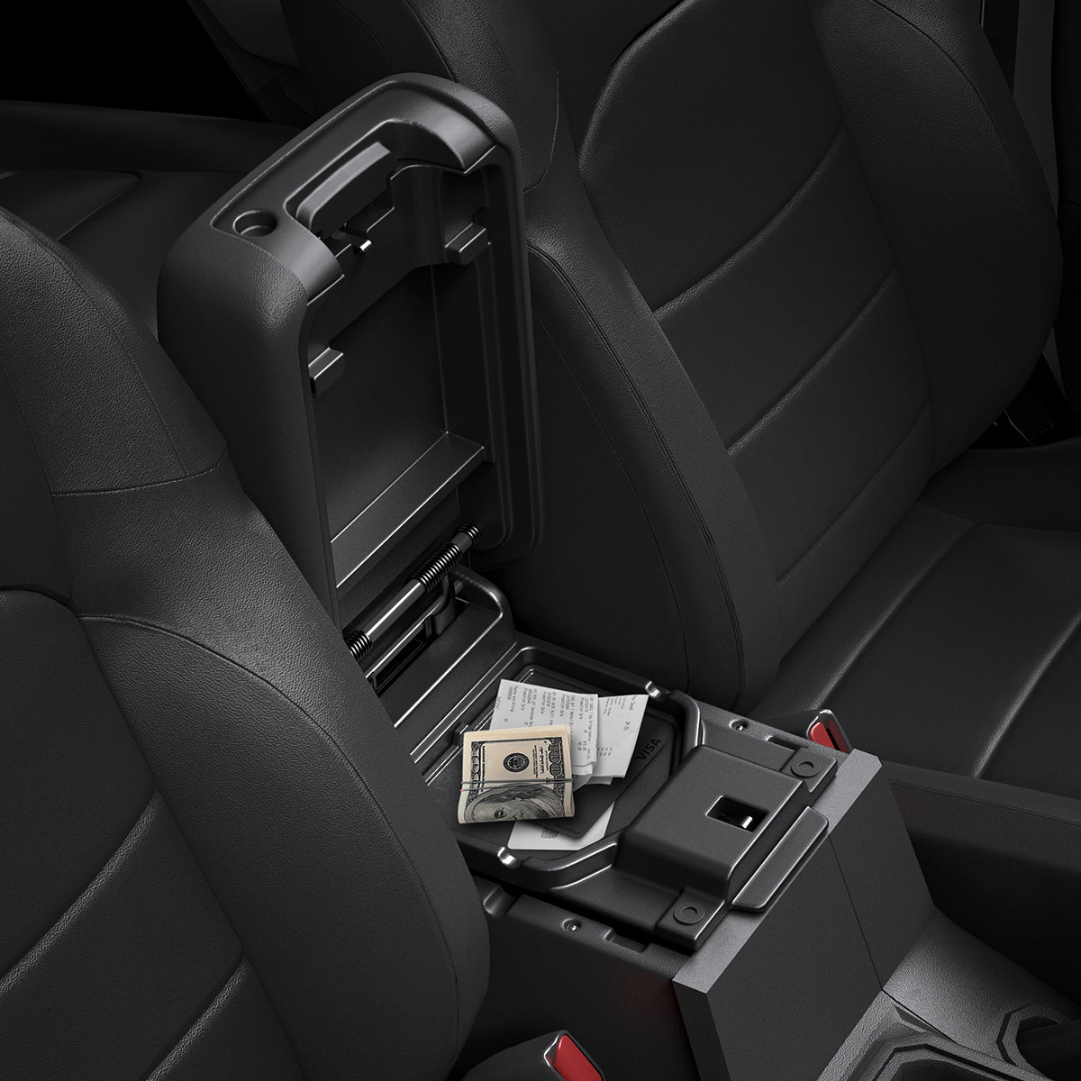 ACP09216 - Jeep Series -  Center Console Hidden Storage Box | JO221 showing inside with products.