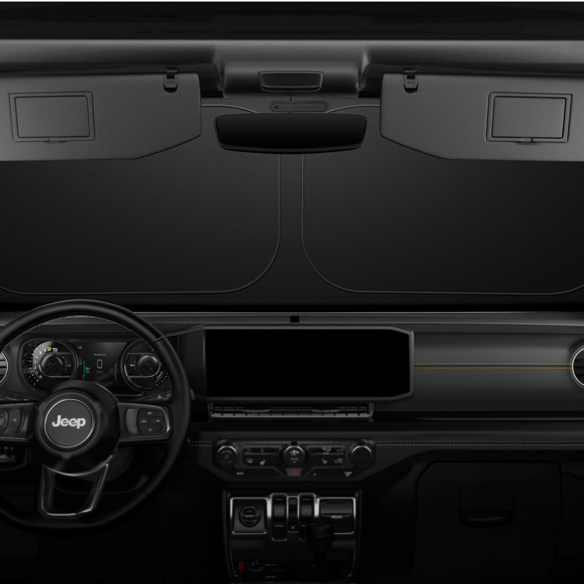 ACP09110 - Wrangler (2024) CryoShade JO260 in Black showing the front (inside) of the vehicle with sunshade installed