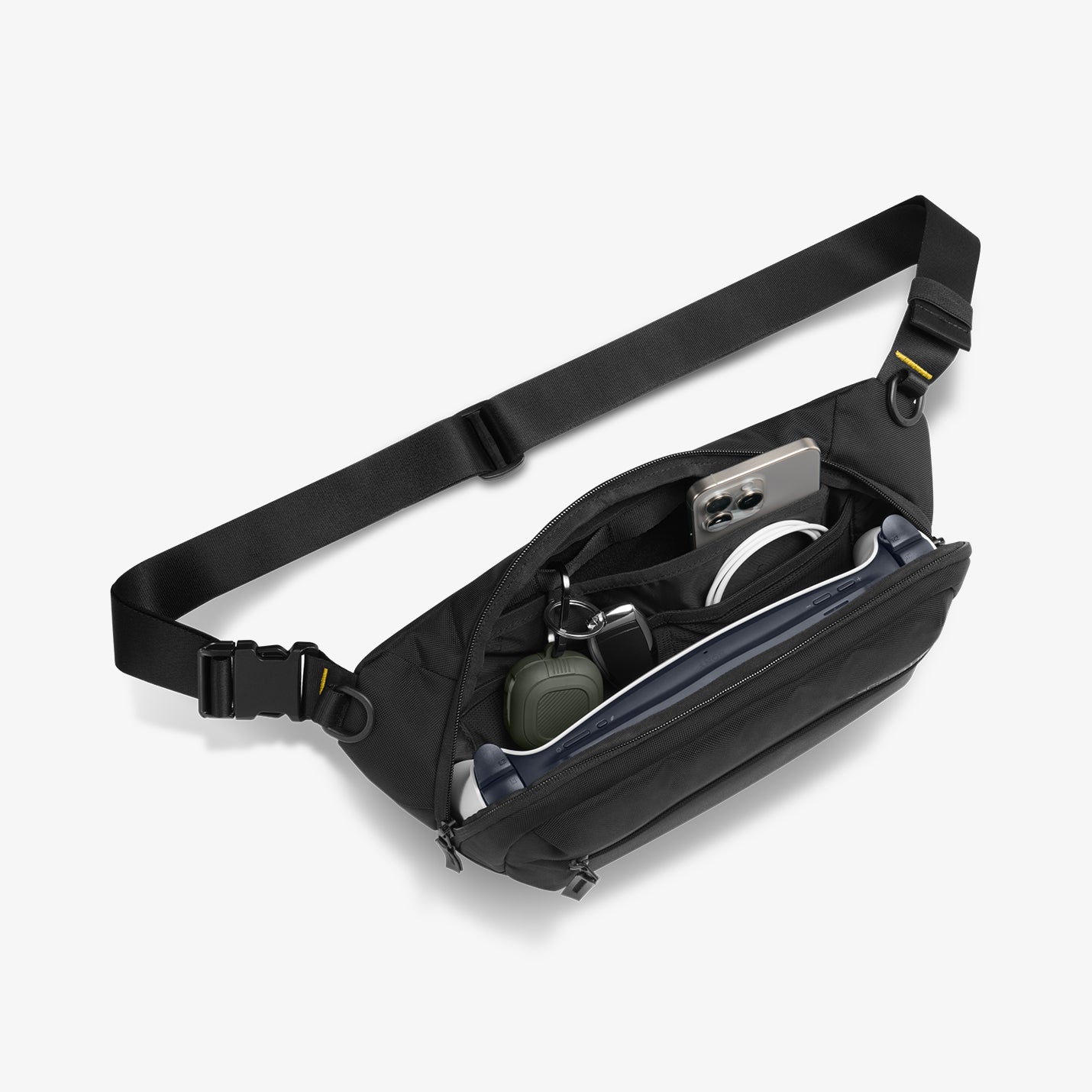 AFA07482 - Sling Bag KD410 in Black showing the partial front, sides and partial inner with strap