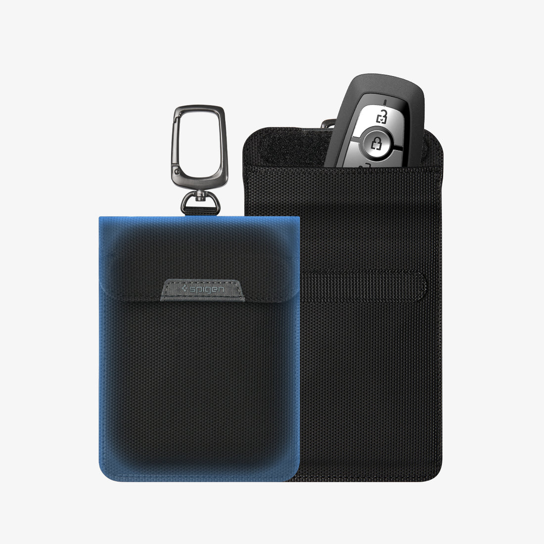 AFA03754 - showing front and open views of a textured pouch with a carabiner clip, hook-and-loop closure, and a key fob inside.