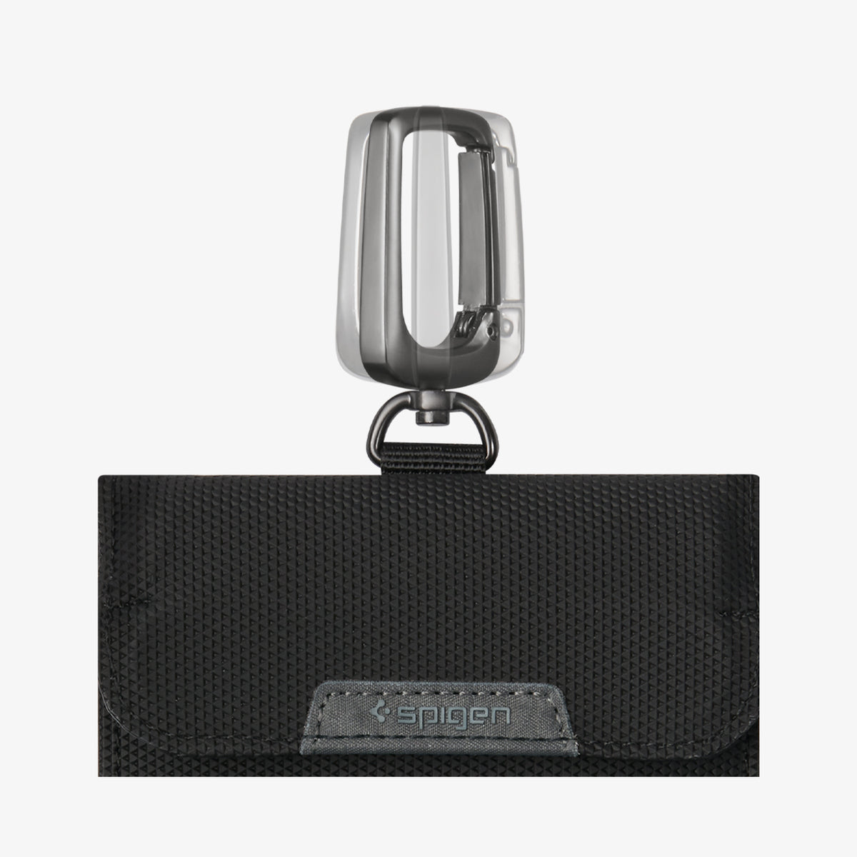 AFA03754 - showing a close-up of the pouch's metal carabiner clip, textured flap, and stitched logo patch.