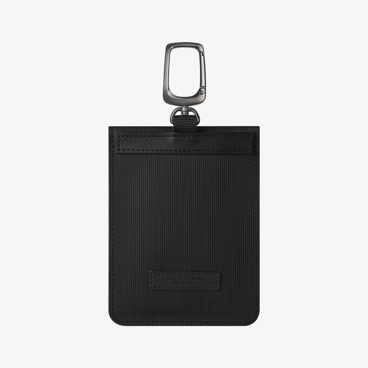 AFA03754 - showing the back of a textured pouch with a metal carabiner clip, stitched attachment strip, and logo patch.