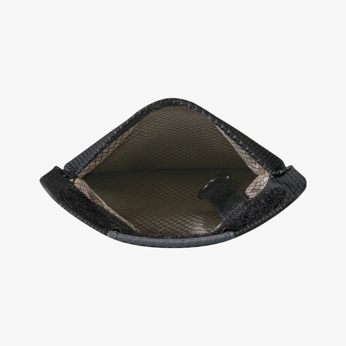 AFA03754 - showing the interior of an open pouch with patterned lining, stitched edges, and hook-and-loop fastening strips.