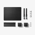 AHP11400 - Clamp Pegboard | LD405 showing flat lay of all included components: pegboard panel, two clamp posts, four hooks, shelf tray, two bins, and screws