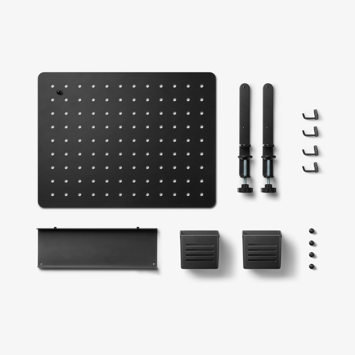 AHP11400 - Clamp Pegboard | LD405 showing flat lay of all included components: pegboard panel, two clamp posts, four hooks, shelf tray, two bins, and screws
