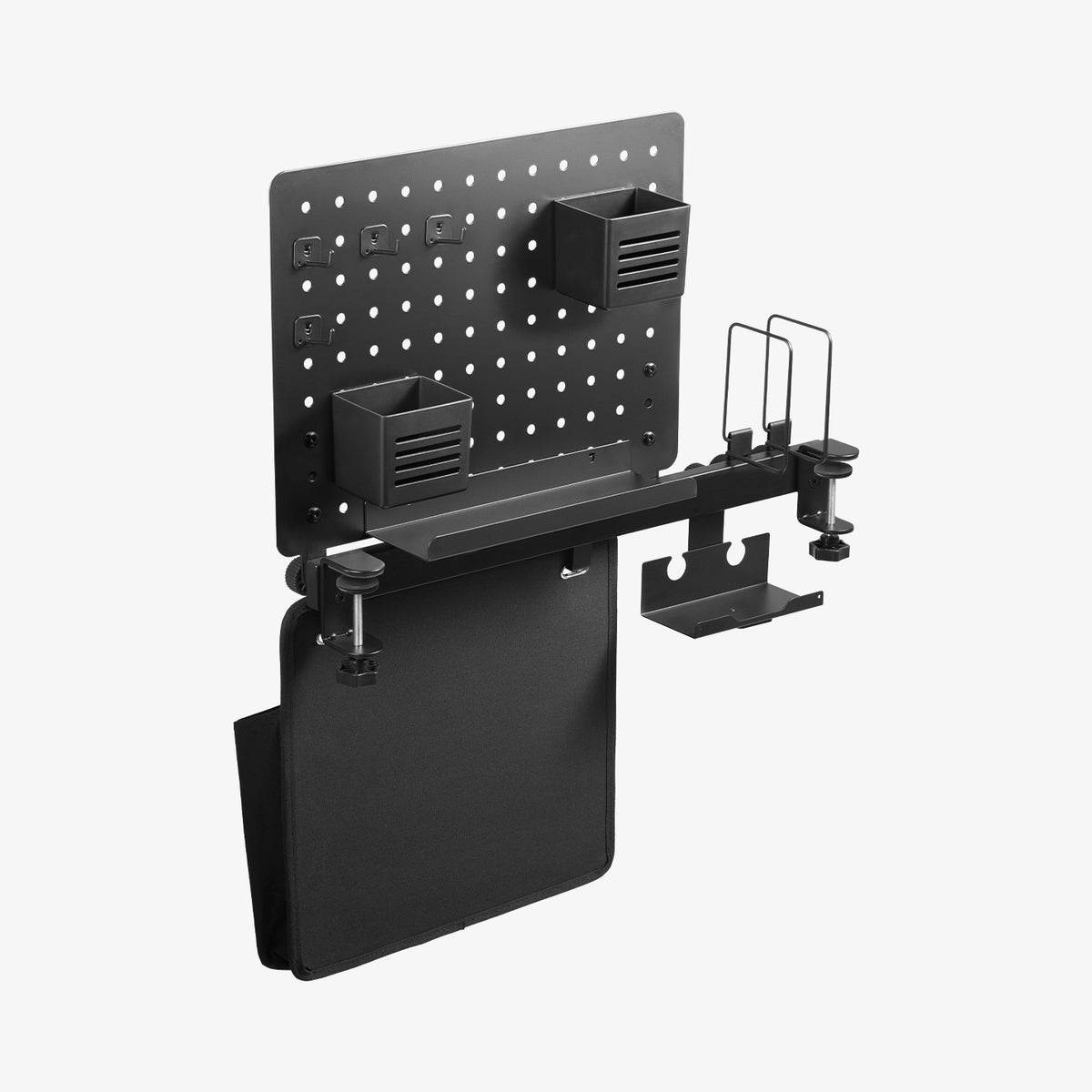 AHP11401 - Clamp Pegboard Side Organizer | LD406 showing the complete pegboard organizer system with storage bins, hooks, rail, pouch, and desk clamps