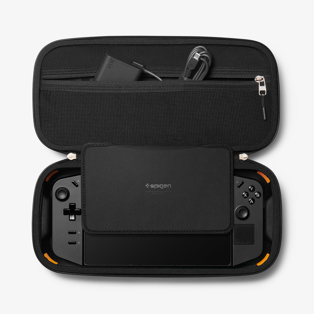 AFA07463 - Legion Go Rugged Armor Pro Pouch in Black showing the top, partial side, half opened pouch with a device inside beside it is another pouch closed