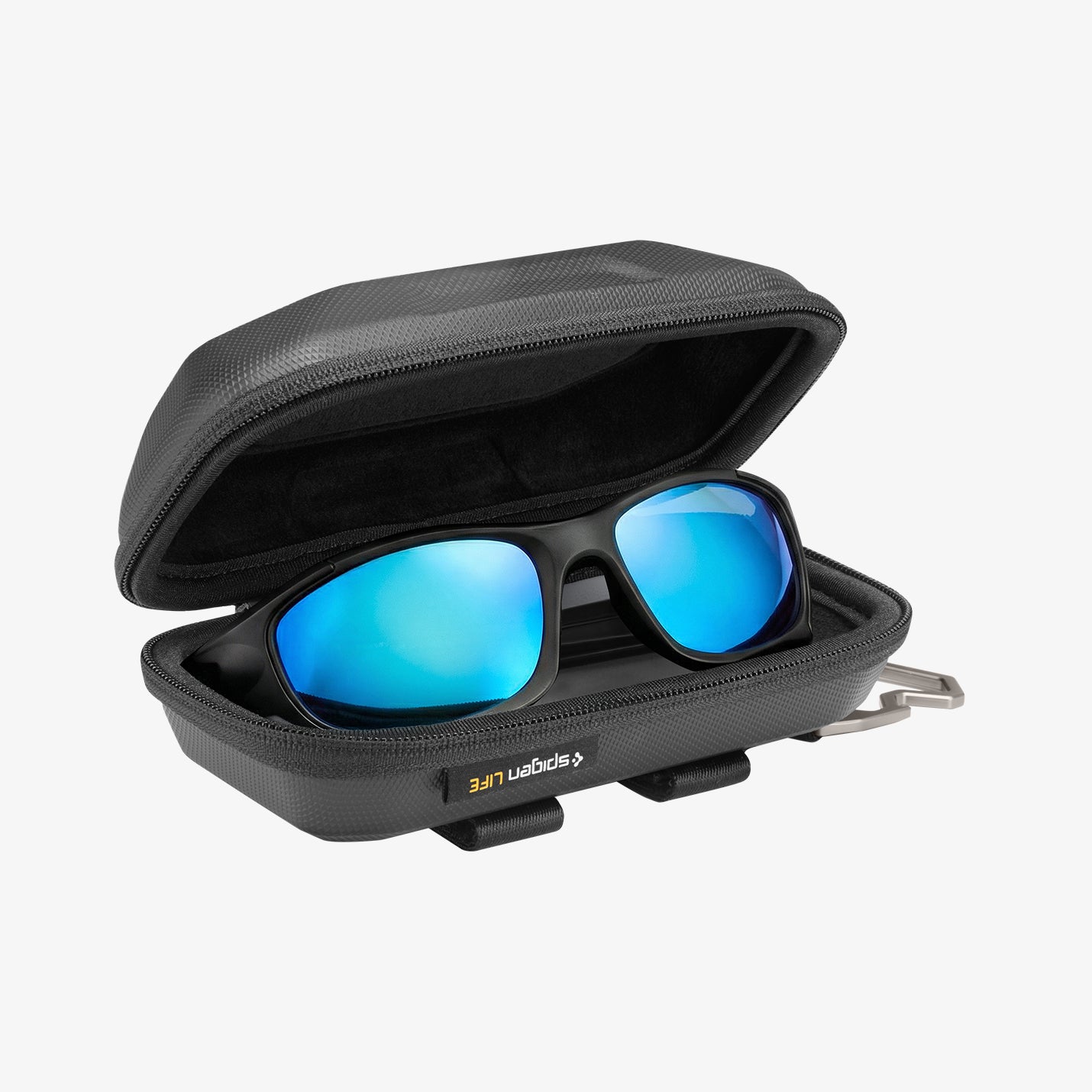 ACS09444 - [LF520] Universal Sunglass Case in Black showing a zippered hard-shell case opened to reveal a soft-lined interior securely holding a pair of sunglasses with mirrored lenses.