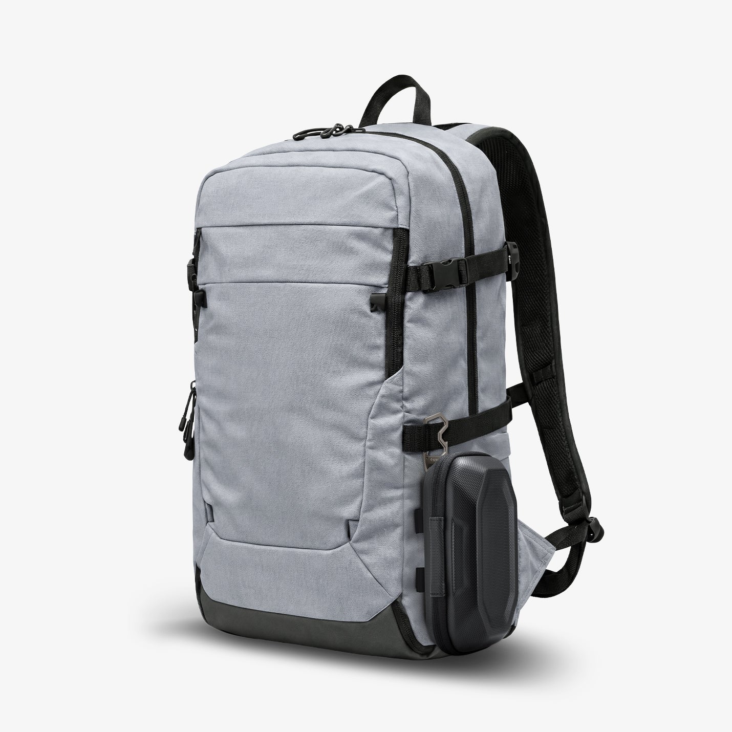 ACS09444 - [LF520] Universal Sunglass Case in Black showing the hard-shell case attached to the side of a gray backpack using a metal carabiner for convenient carry.