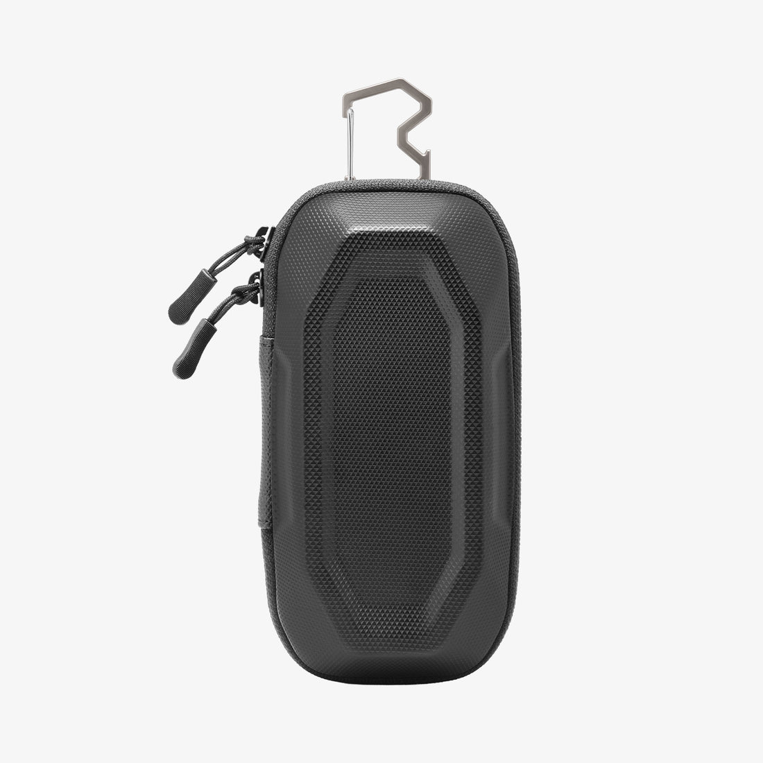 ACS09444 - [LF520] Universal Sunglass Case in Black showing a compact textured hard-shell exterior with dual zipper pulls and a sturdy metal carabiner clip for secure attachment.