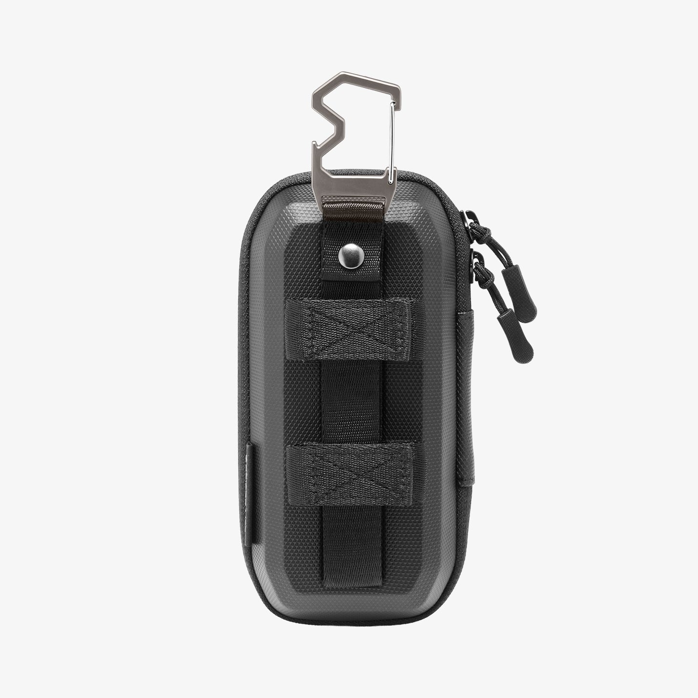 ACS09444 - [LF520] Universal Sunglass Case in Black showing the rear side with a secure strap loop system, snap-button attachment, and integrated metal carabiner for versatile carry options.