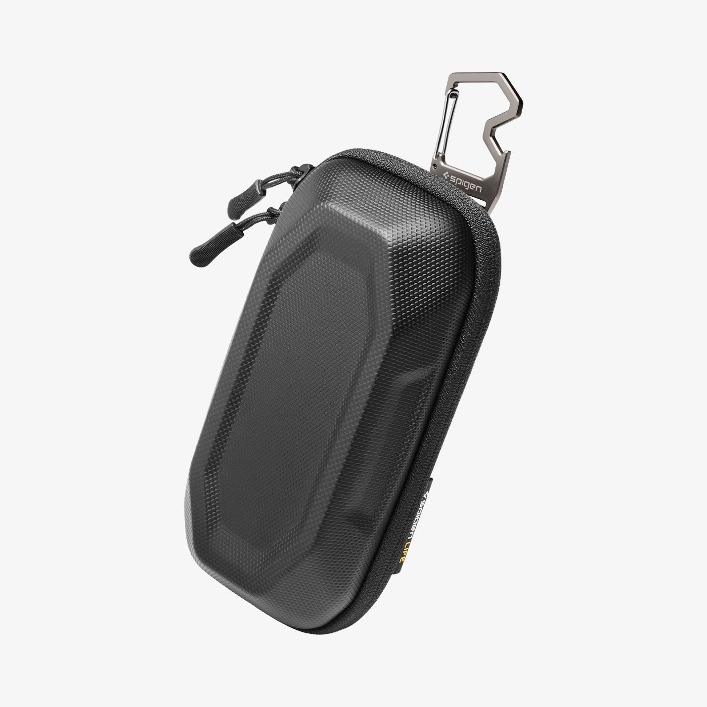 ACS09444 - [LF520] Universal Sunglass Case in Black showing an angled view of the textured hard-shell exterior with dual zipper pulls and a branded metal carabiner clip.