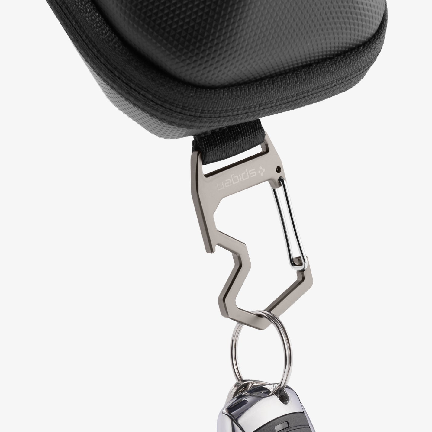 ACS09444 - [LF520] Universal Sunglass Case in Black showing a close-up of the durable metal carabiner with integrated key ring attached to the case for versatile carry.
