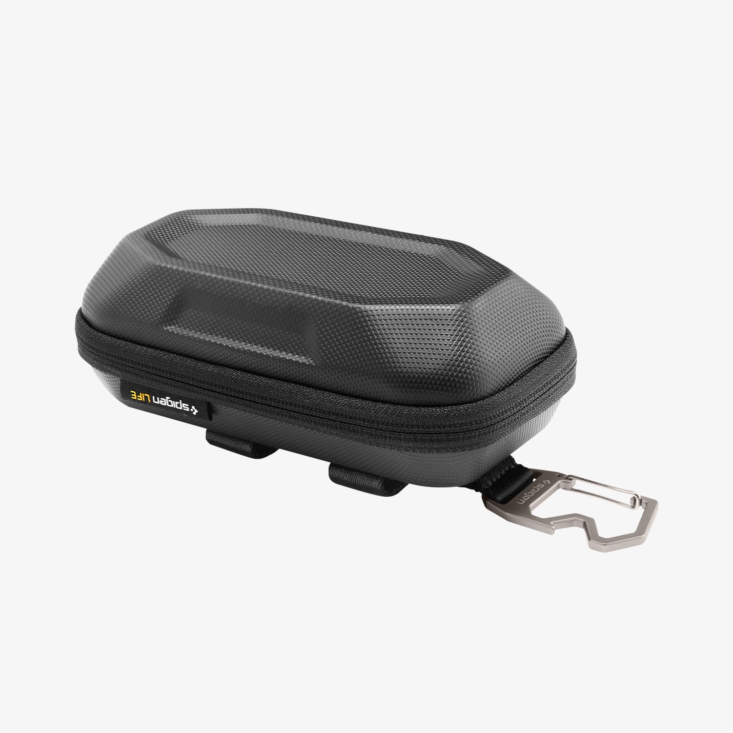 ACS09444 - [LF520] Universal Sunglass Case in Black showing a low-profile hard-shell design with textured exterior, zip closure, and attached metal carabiner for easy carry.
