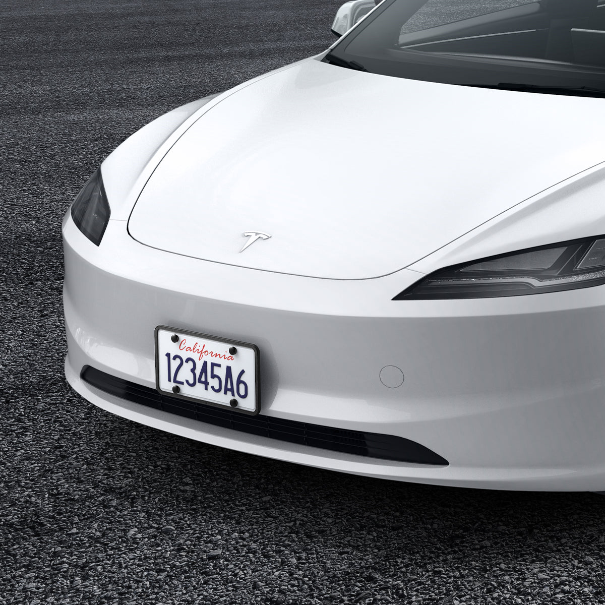 ACP08684 - License Plate Frame | LP100 in Black showing the front and partial sides, installed to the front of the car
