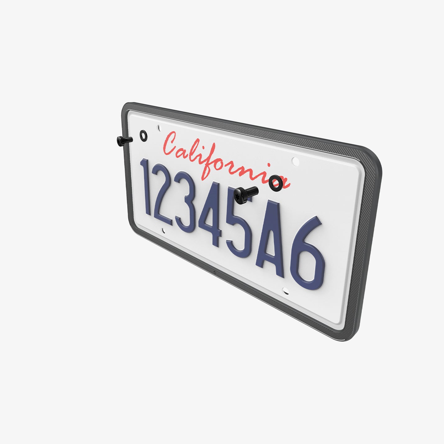 ACP08684 - License Plate Frame | LP100 in Black showing the front and partial side with screws and bolts hovering in front