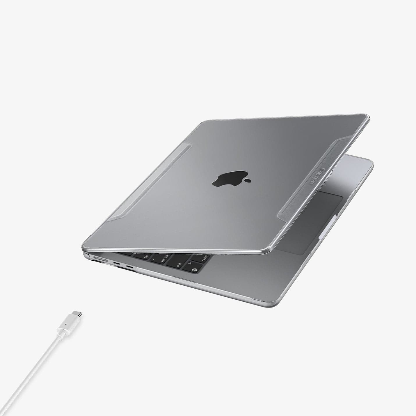 ACS05271 - MacBook Air Case Thin Fit in crystal clear showing the front and side with laptop slightly open and charging cable next to slot