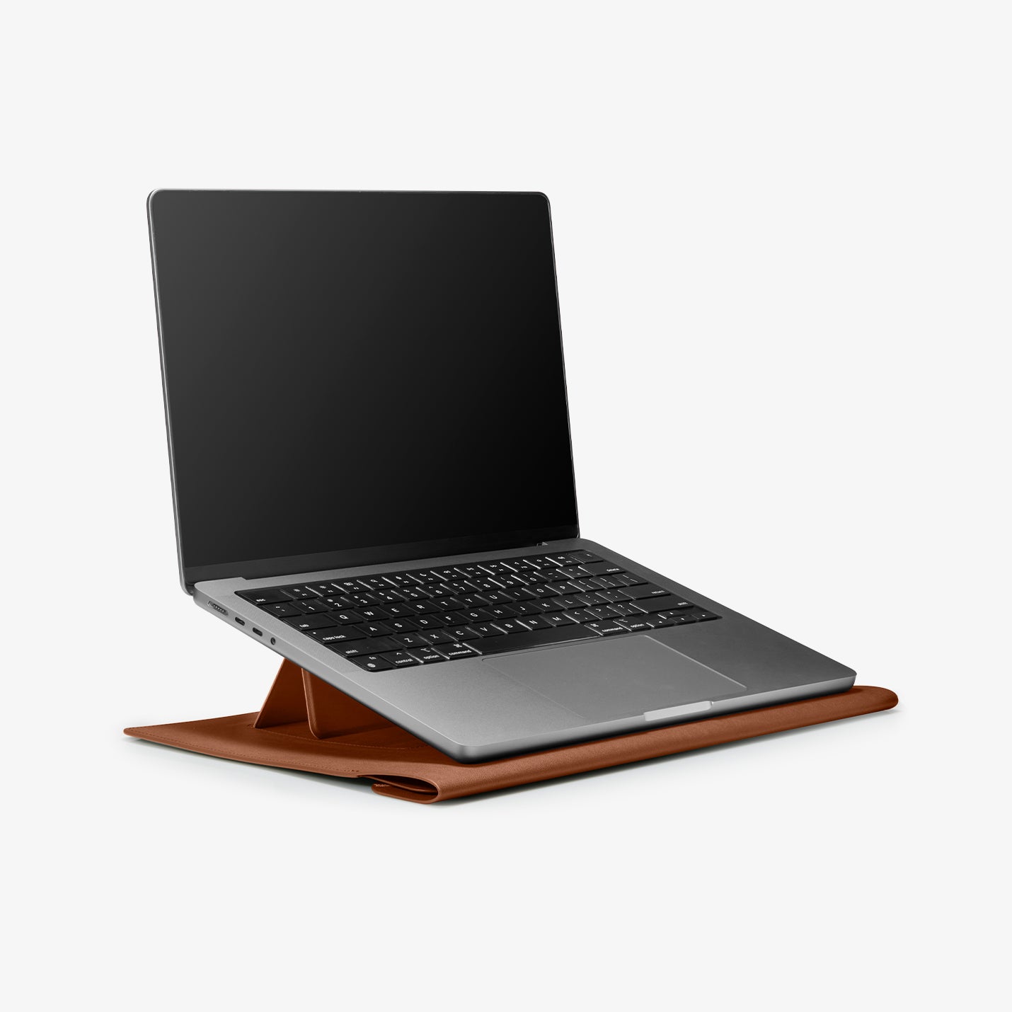 AFA06425 - MacBook Pro 16-inch Valentinus S Laptop Pouch in Classic Brown ergonomic stand position with MacBook open for comfortable typing
