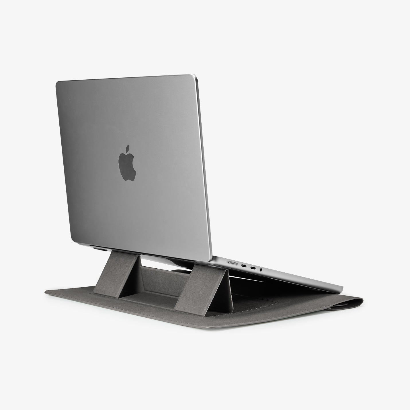 AFA06424 - MacBook Pro 16-inch Valentinus S Laptop Pouch in City Gray built in stand supporting laptop at elevated typing angle
