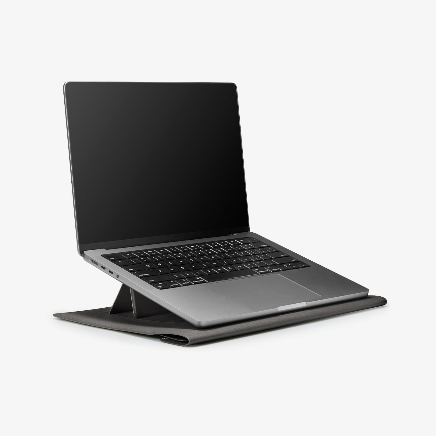 AFA06424 - MacBook Pro 16-inch Valentinus S Laptop Pouch in City Gray ergonomic stand position with MacBook open for comfortable typing