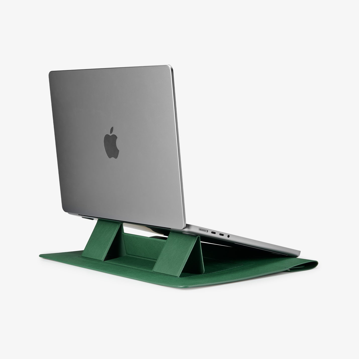 AFA06426 - MacBook Pro 16-inch Valentinus S Laptop Pouch in Jeju Green built in stand supporting laptop at elevated typing angle