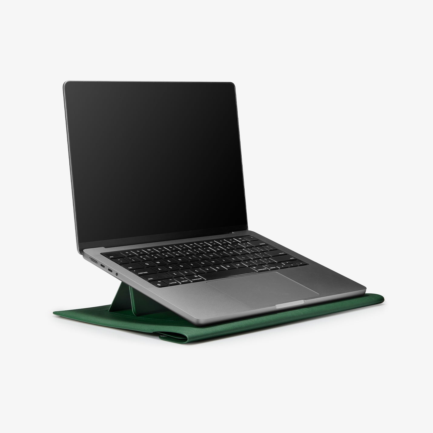 AFA06426 - MacBook Pro 16-inch Valentinus S Laptop Pouch in Jeju Green ergonomic stand position with MacBook open for comfortable typing