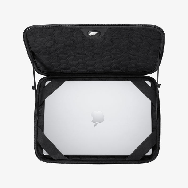 AFA04271 - MacBook Pro Series Rugged Armor Pro Pouch in black showing the top inside view with laptop inside