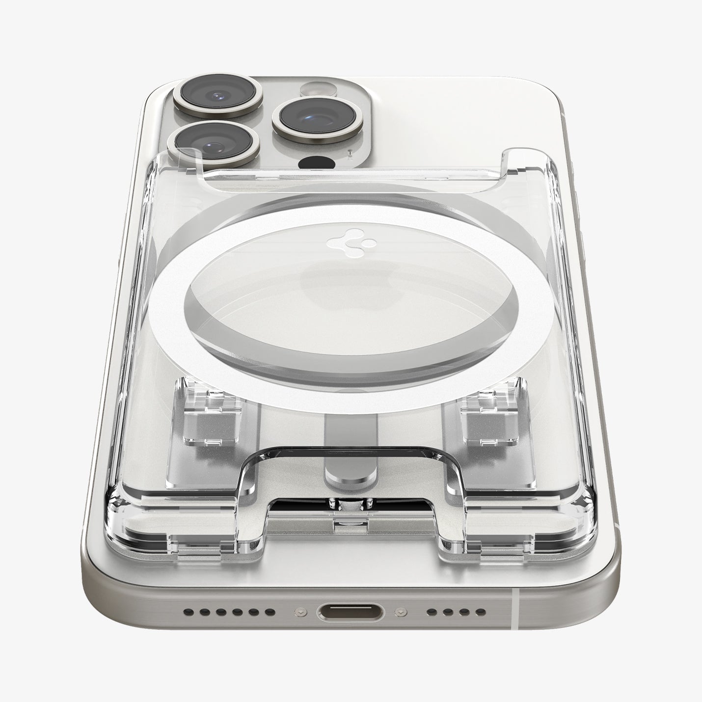 AFA08888 - Ultra Hybrid MagFit+ Wallet (MagFit) in Crystal Clear showing the front, partial bottom of the wallet case attached to the back of the device