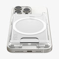AFA08888 - Ultra Hybrid MagFit+ Wallet (MagFit) in Crystal Clear showing the front, partial bottom of the wallet case attached to the back of the device with card inserted