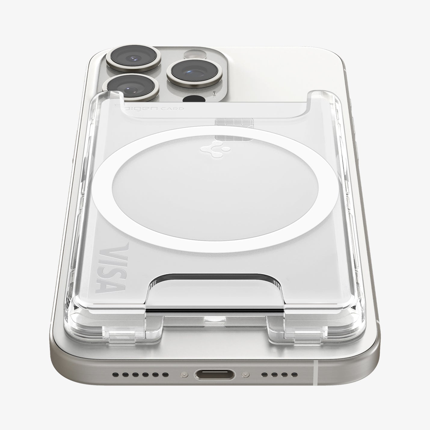 AFA08888 - Ultra Hybrid MagFit+ Wallet (MagFit) in Crystal Clear showing the front, partial bottom of the wallet case attached to the back of the device with card inserted