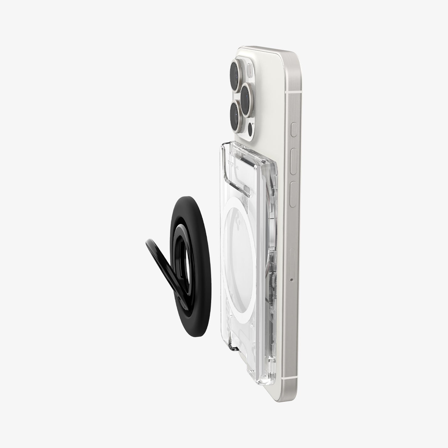 AFA08888 - Ultra Hybrid MagFit+ Wallet (MagFit) in Crystal Clear showing the side of the mag-ring hovering in front of the wallet case attached to a device showing partial sides