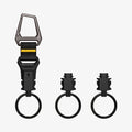 AHP06847 - Carabiner (Magnetic Keychain) Holder Hub in Black showing the front of the keychain holder and 2 detached quick-release locking mechanism attached to a circular black keyring 