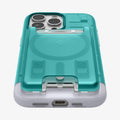 SPBD240004 - iPhone 15 Pro Case Classic C1 Bundle (MagFit) in Bondi Blue showing the bottom and front of the card slot attached to a device showing partial back zoomed in