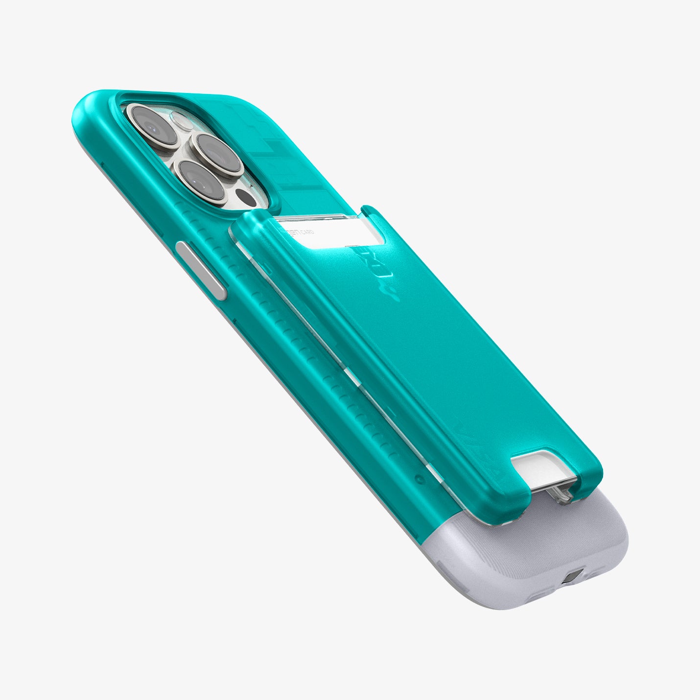 SPBD240004 - iPhone 15 Pro Case Classic C1 Bundle (MagFit) in Bondi Blue showing the partial front and side of a card slot attached to a device showing partial back, side and bottom