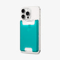 AFA07397 - MagSafe Card Holder Classic C1 (MagFit) in Bondi Blue showing the front, partial back attached to the back of the device with a card inserted