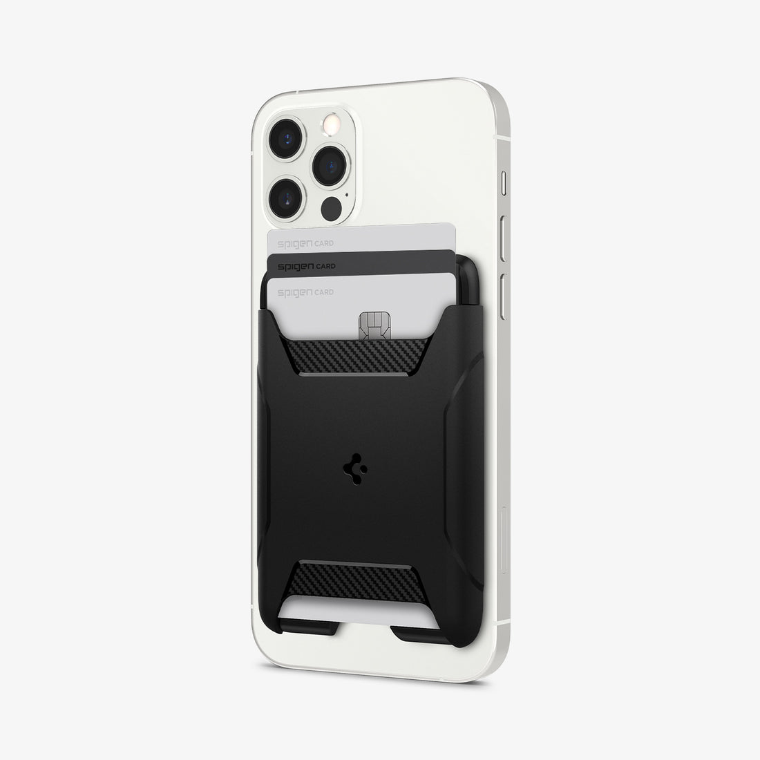 AFA07150 - MagSafe 3 Card Holder Rugged Armor (MagFit) in Black showing the front of a card holder with 3 cards inserted and attached to the back of a device