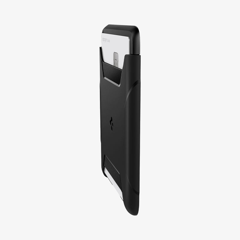 AFA07150 - MagSafe 3 Card Holder Rugged Armor (MagFit) in Black showing the partial front and side of a card holder with a single card inserted