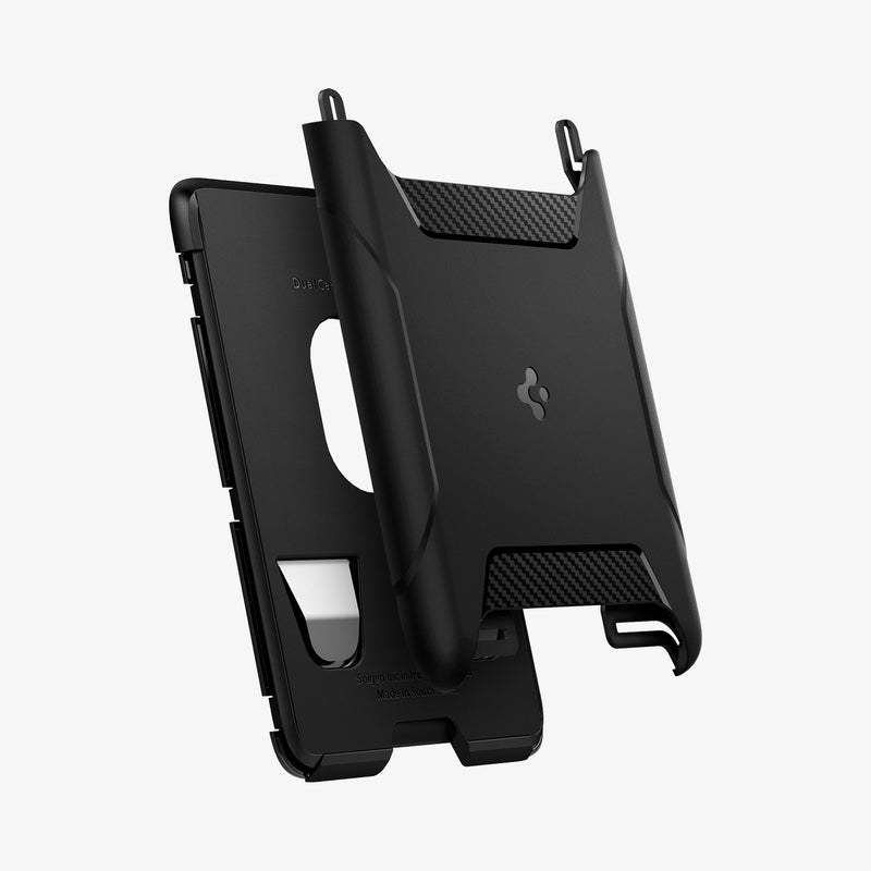 AFA07150 - MagSafe 3 Card Holder Rugged Armor (MagFit) in Black showing the front hovering in front of the back part of a card holder detached from each other
