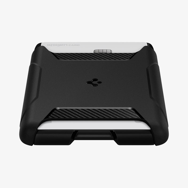 AFA07150 - MagSafe 3 Card Holder Rugged Armor (MagFit) in Black showing the front and partial bottom of a card holder with a single card inserted