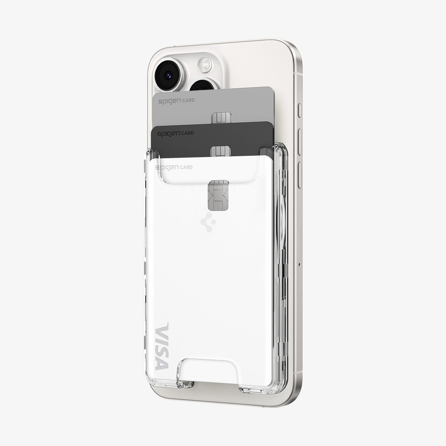 AFA07148 - Ultra Hybrid MagFit Wallet (MagFit) in Crystal Clear showing the front and partial side attached to a device with 3 cards inserted