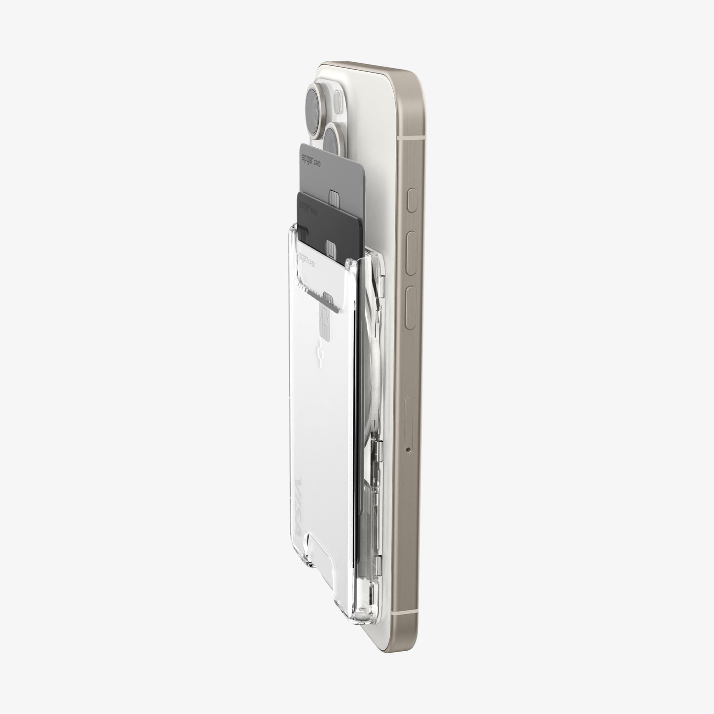 AFA07148 - Ultra Hybrid MagFit Wallet (MagFit) in Crystal Clear showing the partial front and side attached to a device with 3 cards inserted