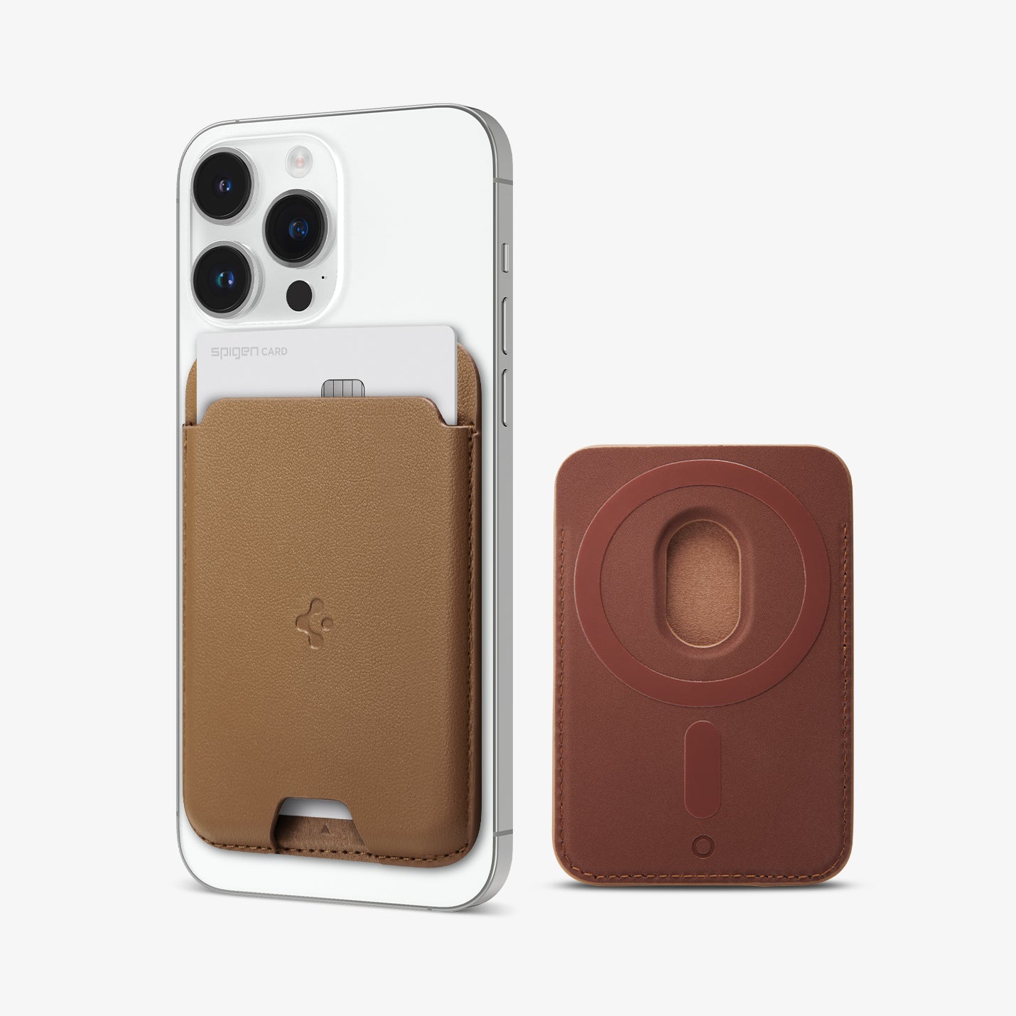 AFA03854 - MagSafe Card Holder Valentinus (MagFit) in brown showing the card holder attached to back of device and back of card holder