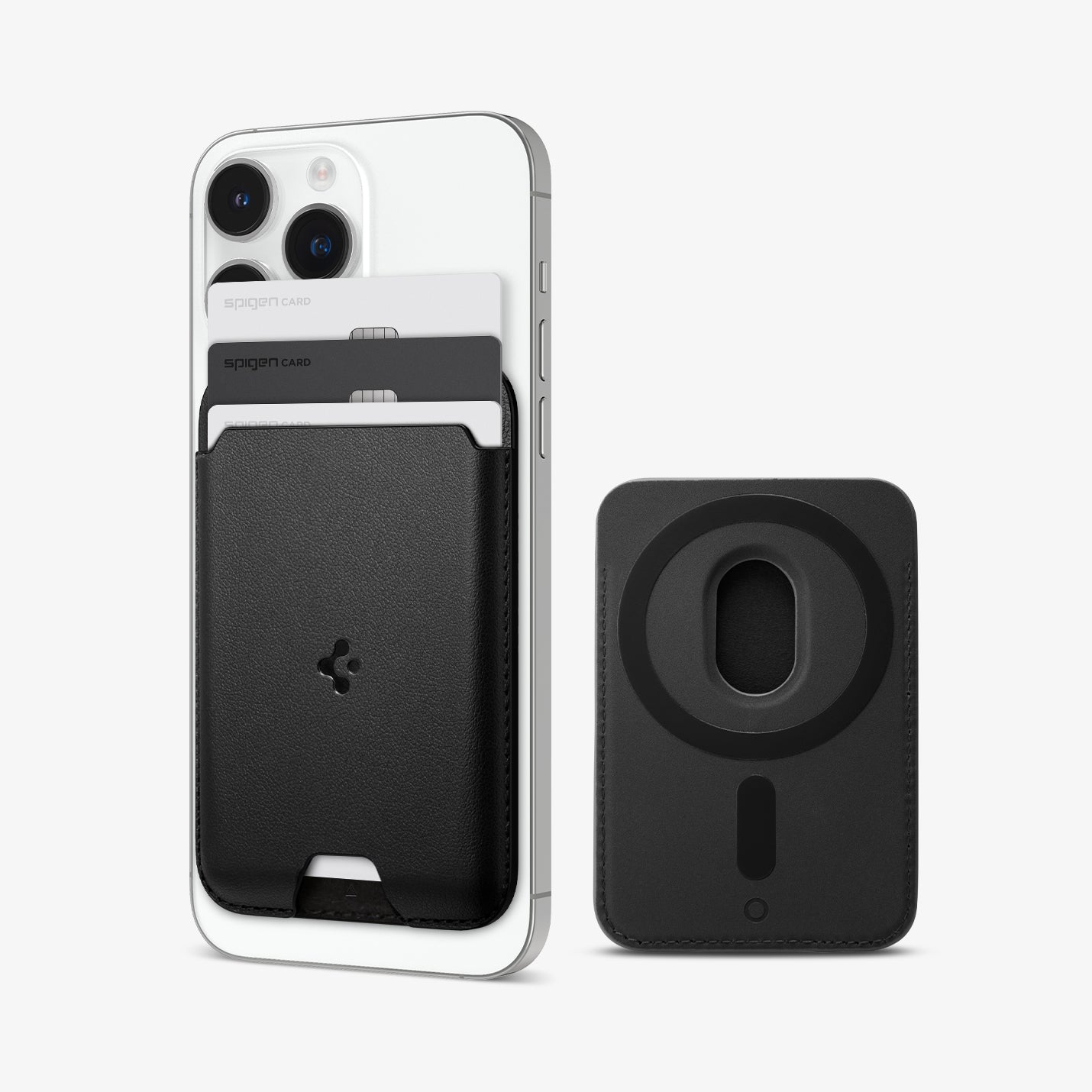 AFA05760 - MagSafe 3 Cards Holder Valentinus (MagFit) in black showing the front attached to the back of device and back of card holder